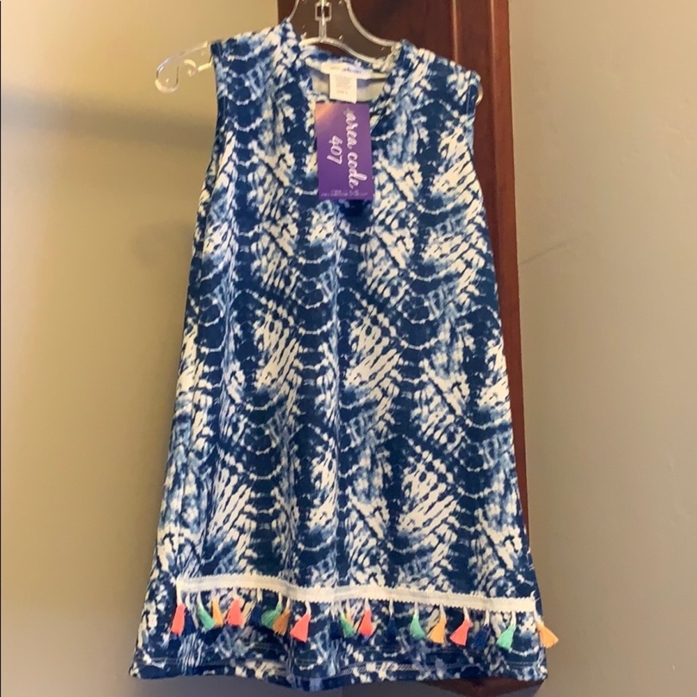 Area Code 407 abstract denim blue fringe dress